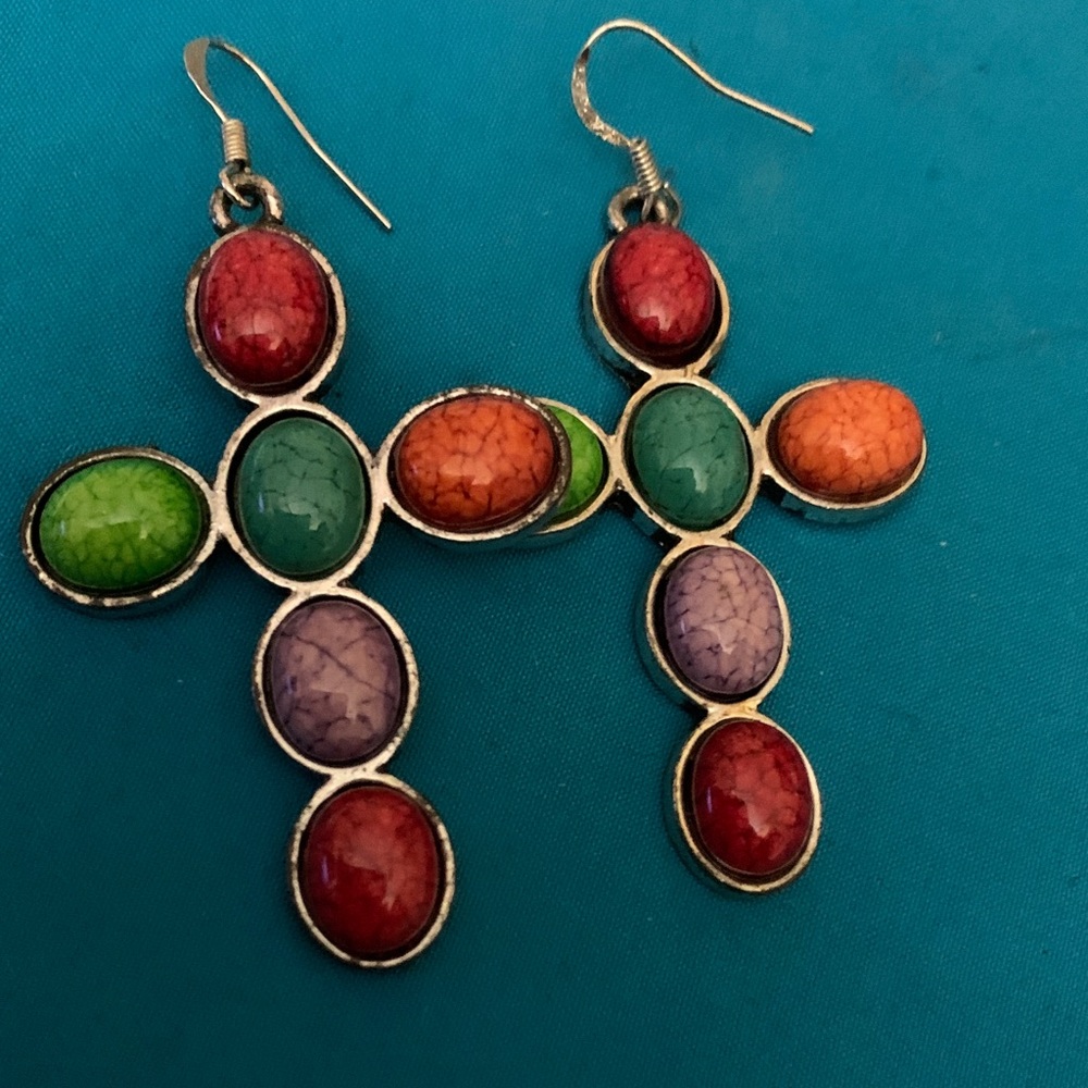 Colorful Stones Cross Dangle Earrings